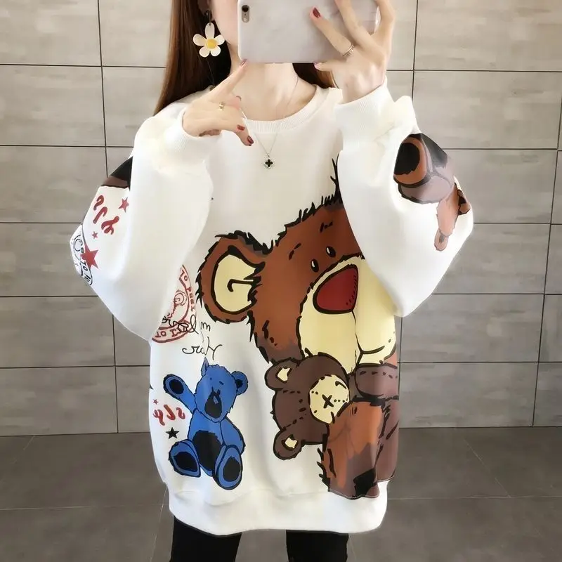 

Bear Print Hoodie Female Spring And Autumn 2023 New Loose Design Sense Long-Sleeved Top