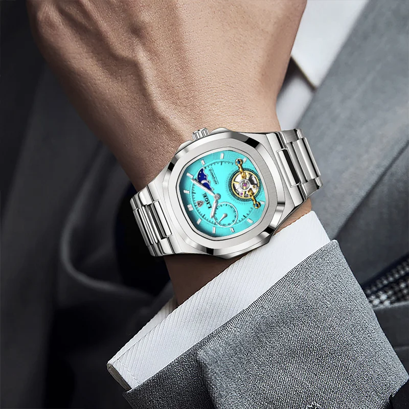 LIGE Man Watch Luxury Business Sky Blue Movement Stainless Steel Mechanical Watches Fashion Moon Phase Automatic Men's Watches