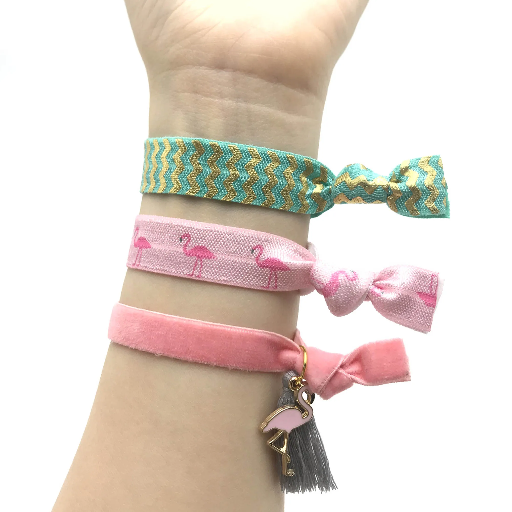 20 Packs 3 Hair Ties Bracelet LOVE Flamingo Be Wild Elastic Hair Band With Tassel Pandents Jewelry Wristband Ponytail Holder