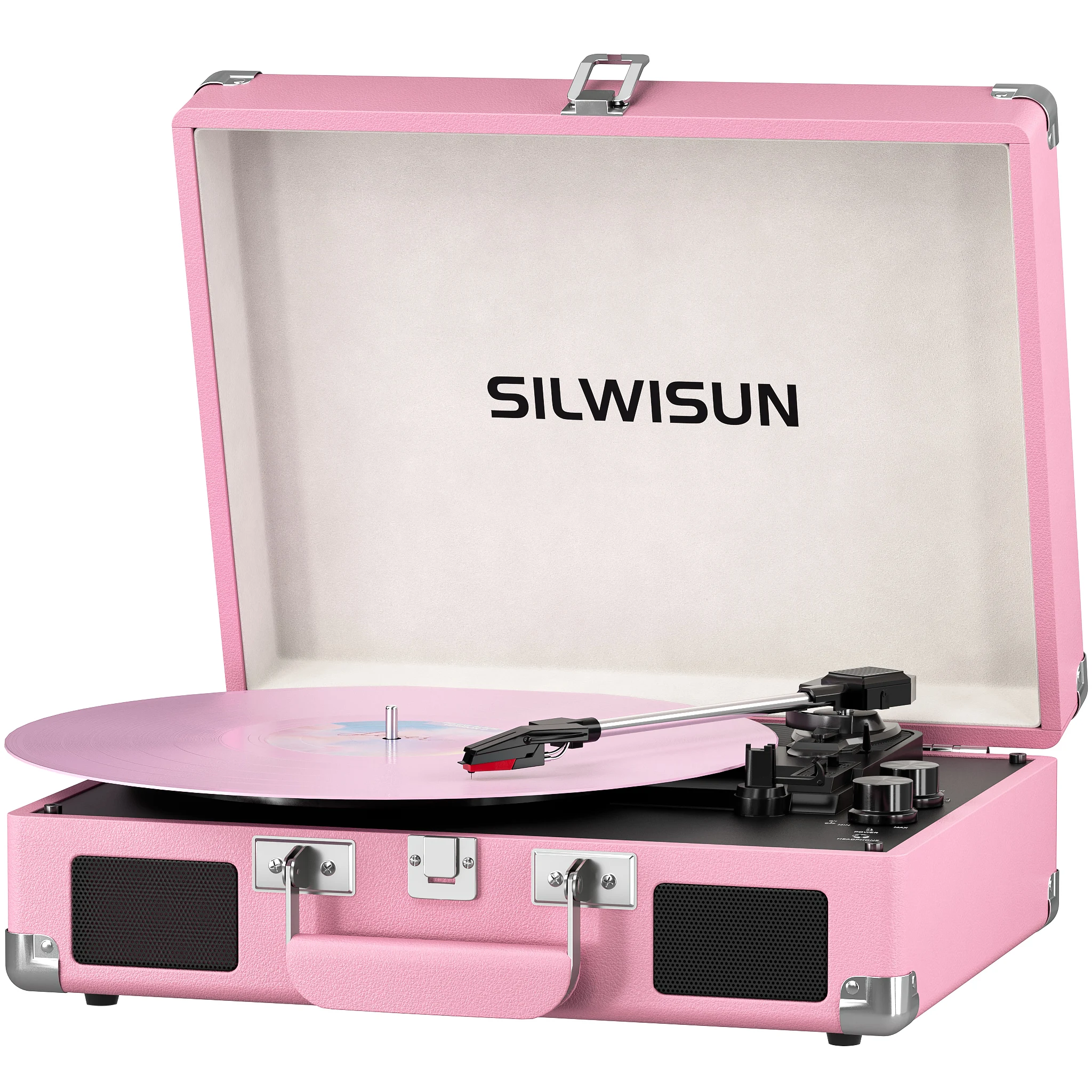 Vinyl Record Player with Speaker, Built in Battery, Hi-Fi Sound, Portable Suitcase Turntable with Bluetooth, USB-C, Pink