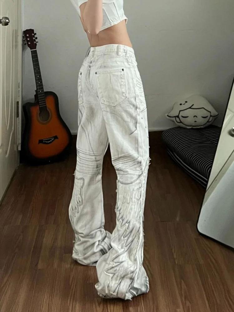 2026 American Retro Y2K Style Wing Embroidery Washed White Slim Women's Jeans Pants For Woman Clothing Gothic Lady Long Trousers