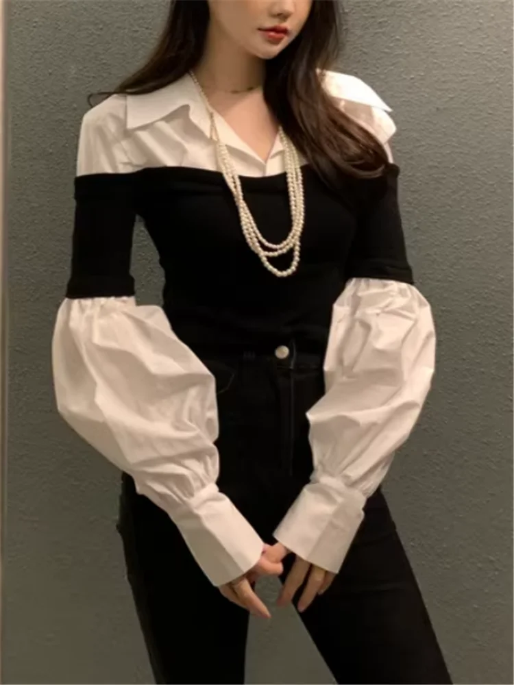 

Korean Chic Fake Two Pieces Patchwork Shirt New 2026 Spring Women Color Block Slim Blouse Stitching Long Puff Sleeve Crop Tops