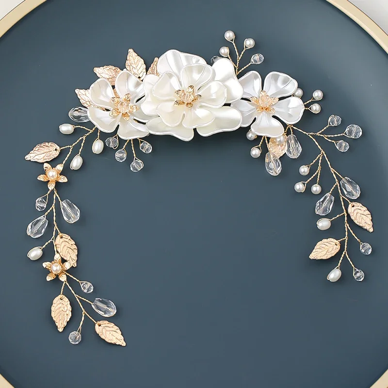 Kryształowa kwiat perłowy opaska z listkami Tiara dla kobiet panna młoda impreza królowa ślub ślubne akcesoria do włosów biżuteria opaska Tiara