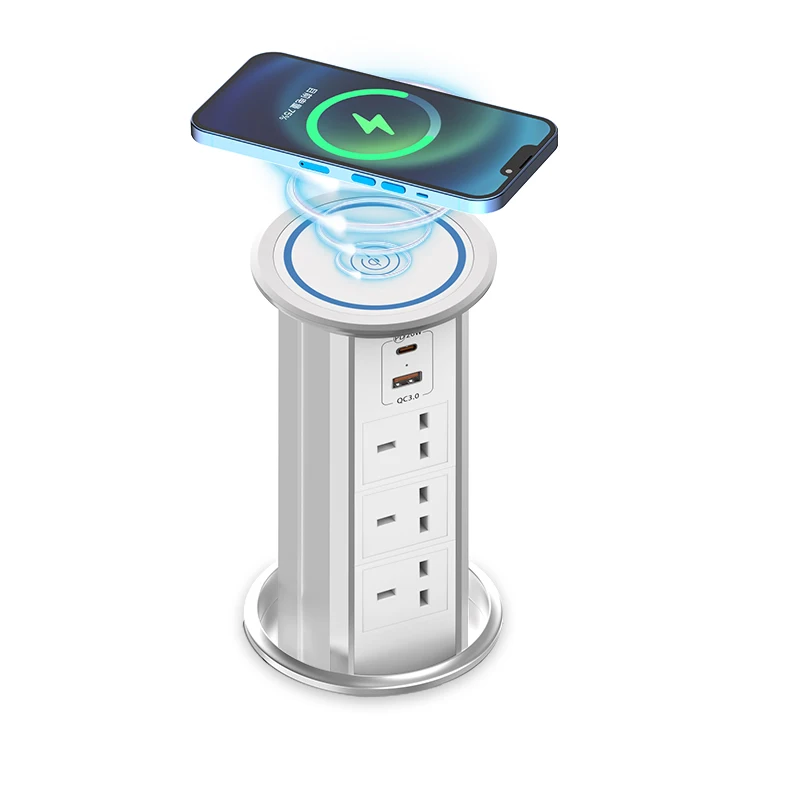 80mm Hidden  Kitchen Counter Manual Pull Pop up EU Power Outlet Tower USB LED Socket Tabletop Wireless Charging Socket