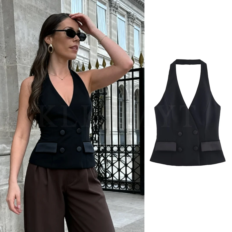 

Женский топ с лямкой на шее, 2025 г., женский новый модный однотонный топ с v-образным вырезом и открытой спиной, без рукавов, женский новый сексуальный элегантный топ с лямкой на шее