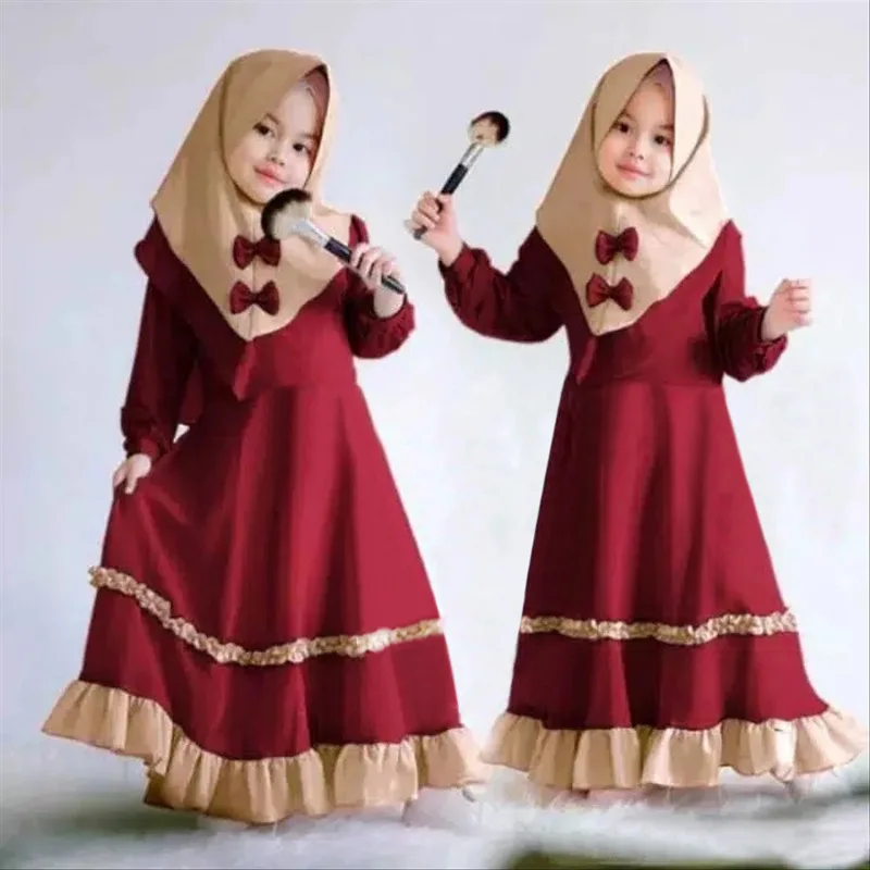 2024 Baby Girls Eid Muslim Long Party Dress + Scarf Clothing Set Spring and Autumn Festival Arab Style Kids Traditional Clothing