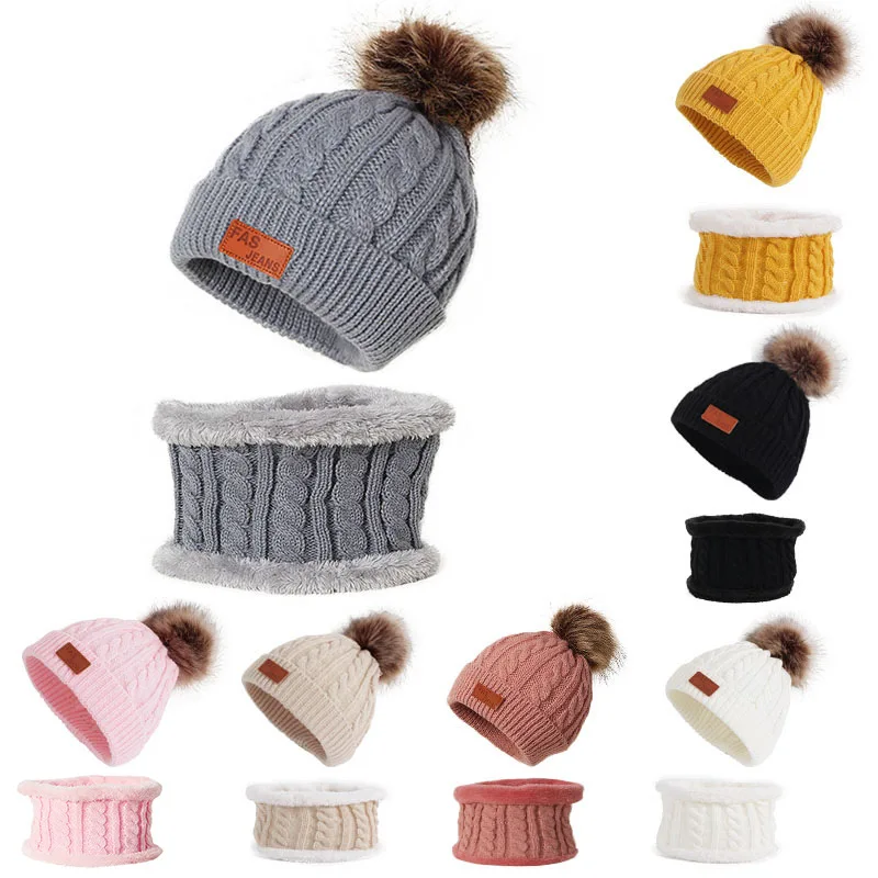 Baby Kids Hat Scarf Set Autumn Winter Knitted Beanie Cap For Girls Boy Neck Scarf Hat Suit Children's Solid Mask Bonnet Hat Warm