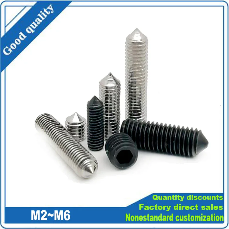 

M2 M2.5 M3 M4 M5 M6 M8 M10 M12 304 Stainless Black Steel Hex Hexagon Socket Tapered End Grub Headless Bolt Cone Point Set Screw