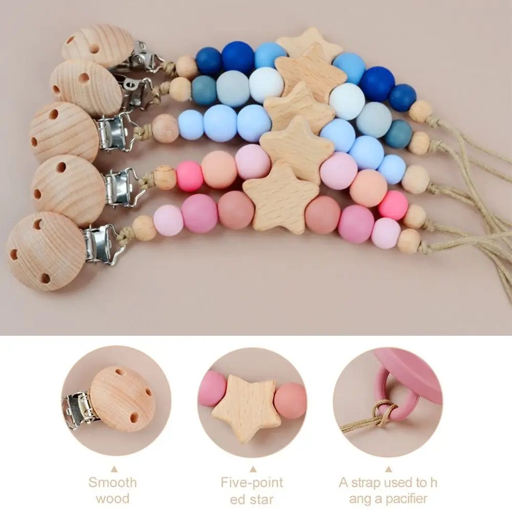 Dummy Clips Pacifier Holder Clips Star Wood Baby Pacifier Chain Nipple Holder Clips Soother Holder Baby Teether Toys Straps