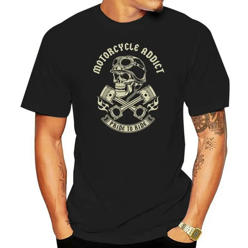 

T-Shirt Short Sleeve Fashion Tshirt T Shirt 100% Cotton MOTORCYCLE ADDICT Piston Skull Tees Men Clothing Big SizeS-Xxl