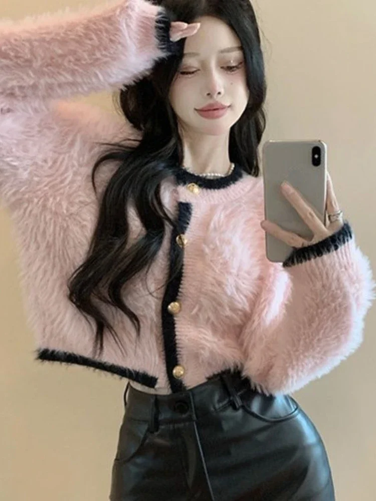 Contrast Color Sweet Y2k Aesthetic Women\'s Coats Fashion Cashmere Knitted Sweaters Elegant Fairy All Match Chic Cardigans Female