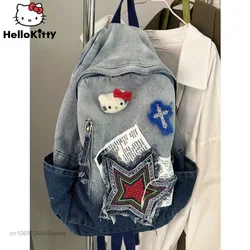 Sanrio Hello Kitty Denim Bags para homens e mulheres, mochilas de moda estilo hip-hop, bolsa de estudante de luxo, Y2k, nova