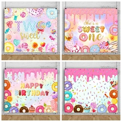 Sweet One Birthday Donut Background Candy Shop Lollipop Cupcake Party Decor Baby Shower Cake Smash Photography Backdrop Supplies