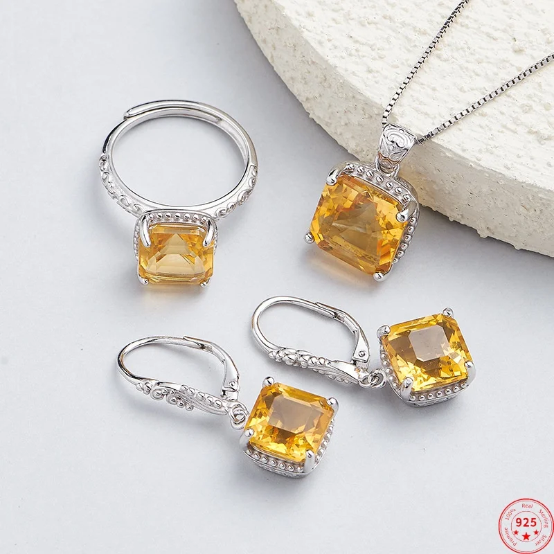 

S925 Sterling Silver Jewelry-set for Women Square Natural Citrine Pendant Studs Earrings Ring Fashion Jewelry Wholesale