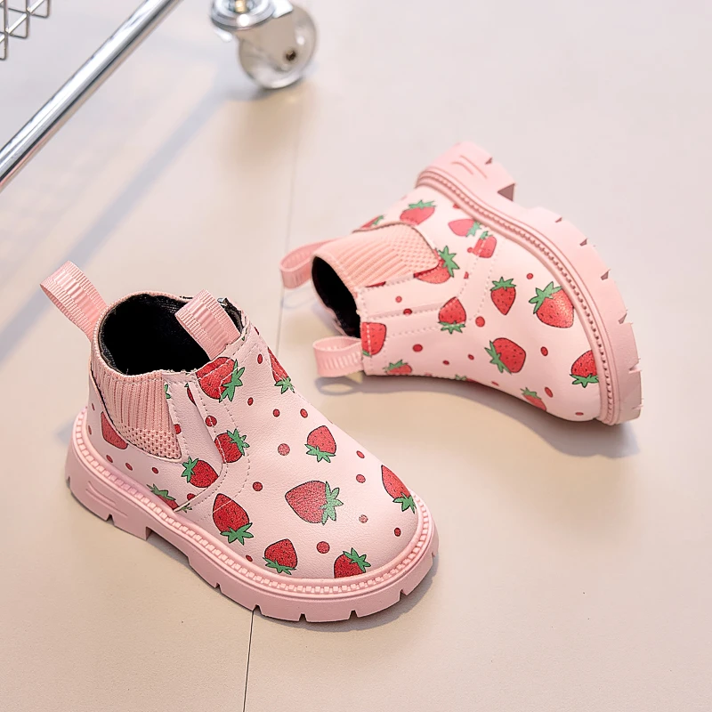 

Girls Boots Cute Princess Chelsea Short Bootie Children Autumn Winter Ankle Boots with Cherry Printed Kids Non-Slip Casual Shoes