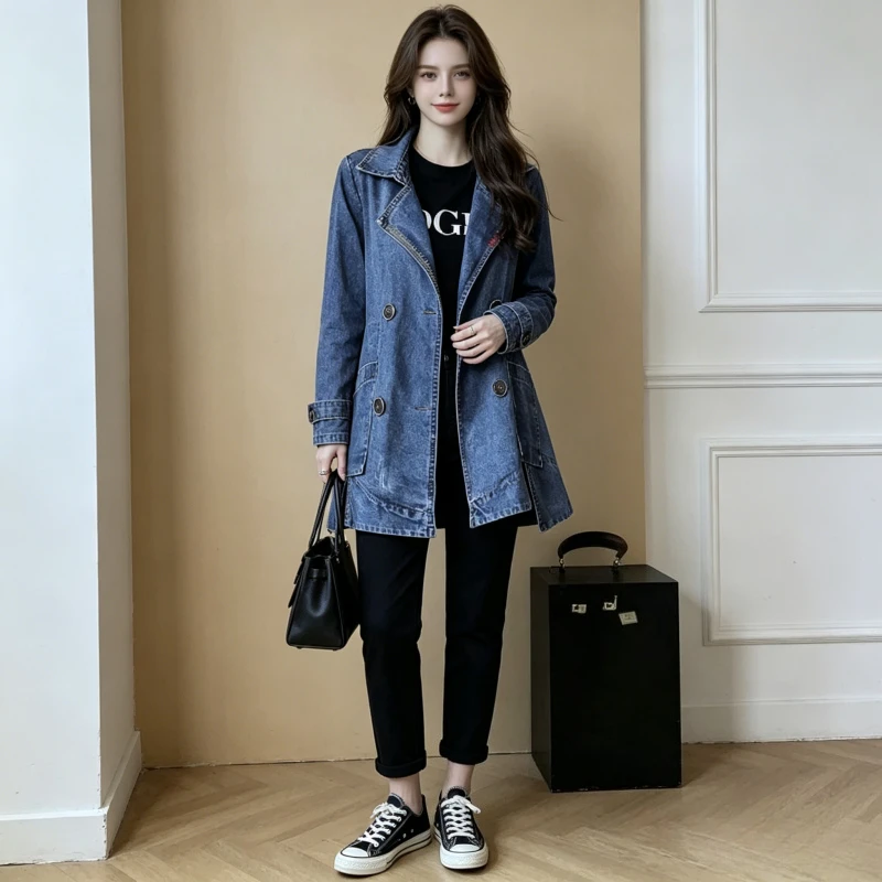 Coat Women Denim Coats Mid Length Lapel Jackets Buttons Full Sleeve Vintage Solid Y2k Streetwear Work Casual Washed 2026 Summer
