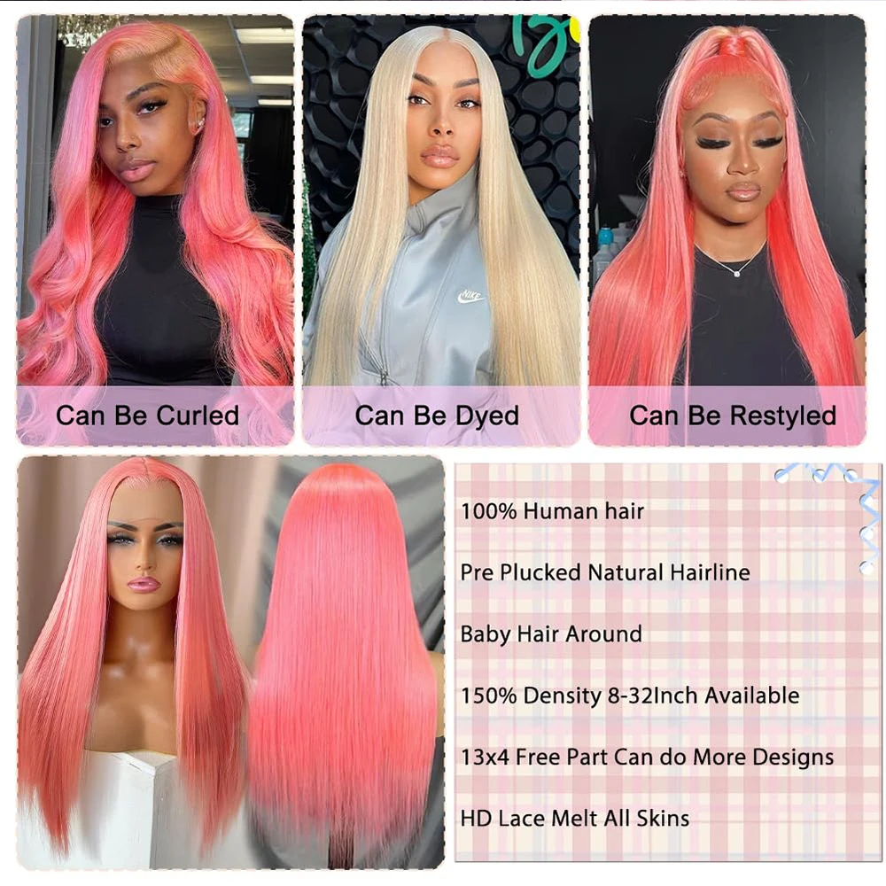 Pink Lace Front Wig Human Hair Preplucked Hd 13X4 Lace Frontal Wig Human Hair Bone Striaght Colored Human Hair Wigs For Women