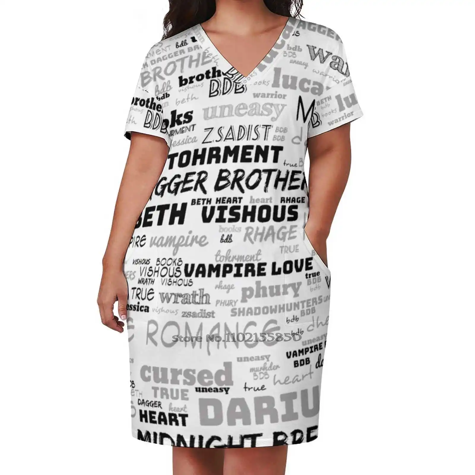 Black Dagger Brotherhood Loose Pocket Dress Summer Sexy V Neck Dress Print Short Sleeve Dress Black Dagger Brotherhood