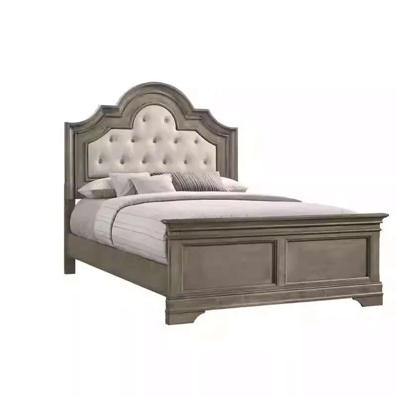 

American vintage aged solid wood soft double bed, Nordic villa, master bedroom, solid wood , high-end French wedding bed