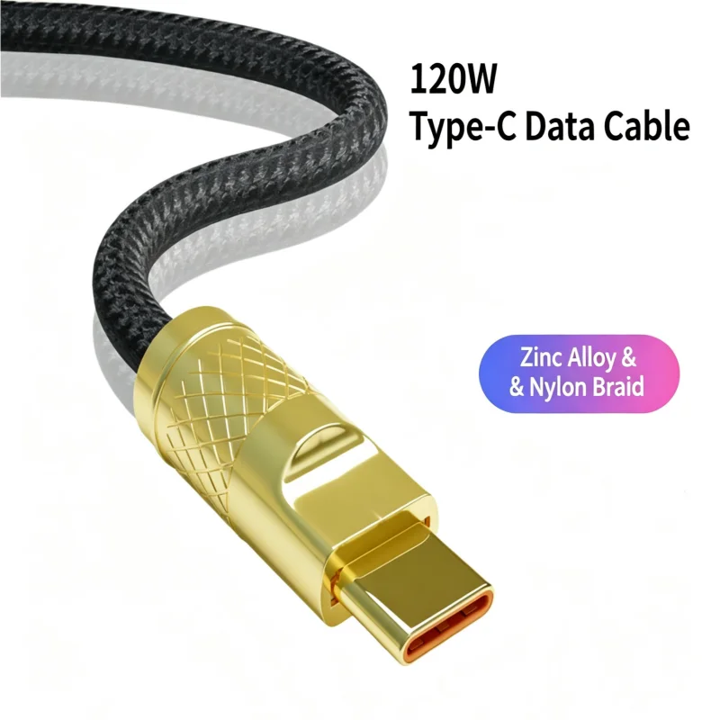 Smart Auto Power Off Type C Mobile Phone Charging Cable 120W Wear Resistant Braided Metal Plug Anti Overcharge Fast Cord 1.2M
