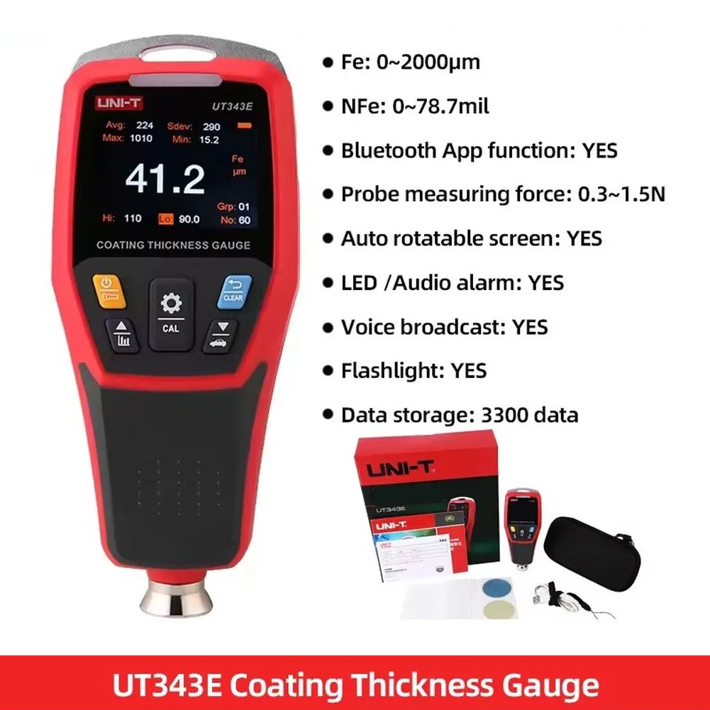 Coating Thickness Gauge UT343E 0-2000um For Automotive Film Paint Inspection Red ABS Body With TFT Backlight Auto Base ID