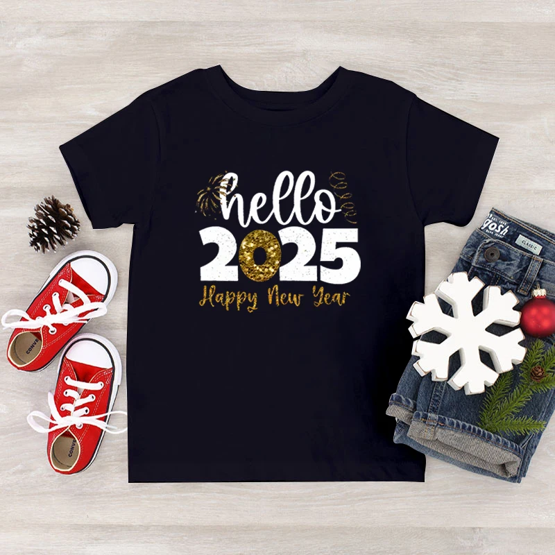 Boy Girl T-shirts Funny New Year Hello 2025 Print Tops Short Sleeve Fashion Sibling Matching Tees New Year Holiday Party Tshirt