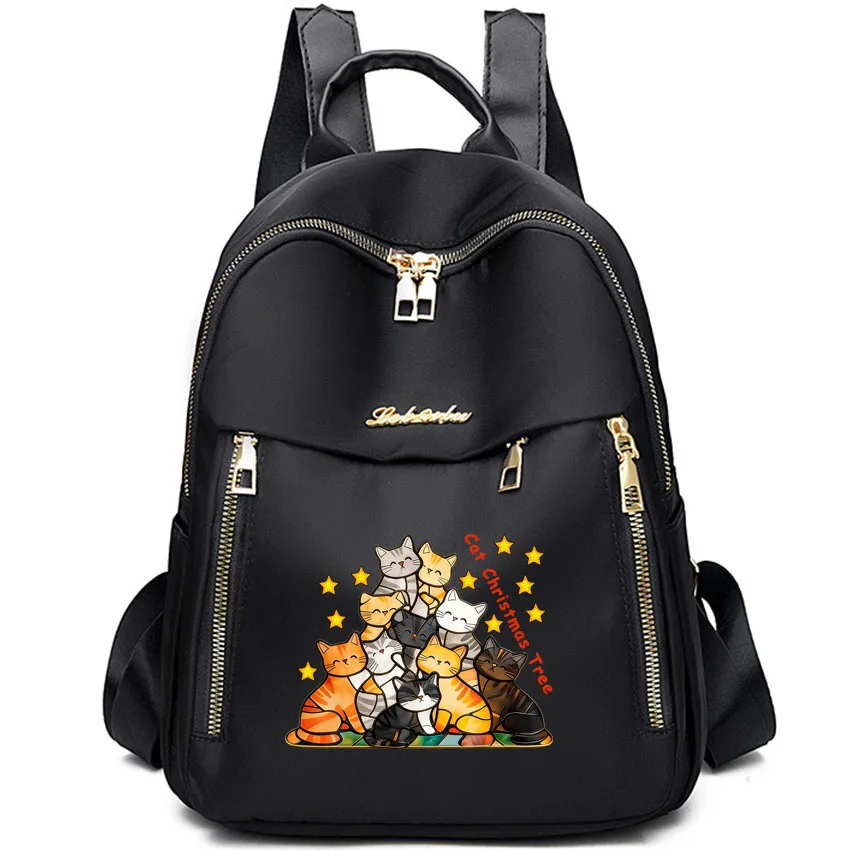 

Women's Travel Backpack Cat Christmas Tree Printing Large Capacity Oxford Cloth Nylon Black Girl Backpacks Female Rucksack
