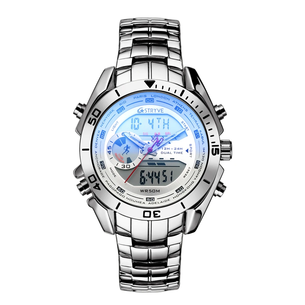 High Quality Men\'s Stainless Steel Business Watches Stryve 8019 Waterproof Quartz Digital Dual Time Sport Watch OEM Accept