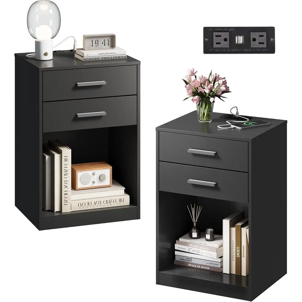 Nightstand Set o 2 with Charging Station, Wood Night Stand Sets with 2 Ders and Open Shel, Bed Side Tables Bedroom, Living Room,