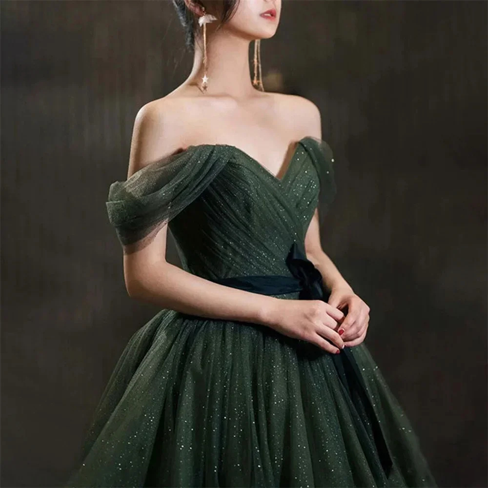 Customized 2024 Dark Green Shiny Formal Dress V Neck Off The Shoulder A Line Evening Gown For Weddings Parties And Special Occas