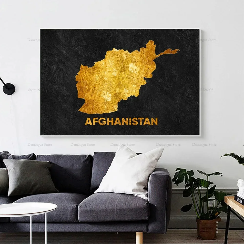 Travel Afghanistan Golden Map National City Flag Poster Prints Wall Art Canvas Painting Picture Photo Gift For Room Home Decor