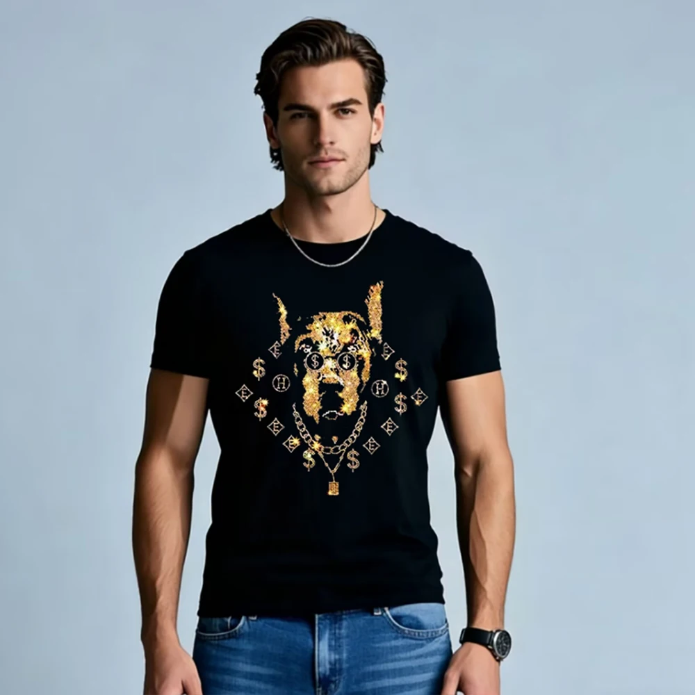 

Popular Men T-Shirt Summer Black Cotton Tees Fashion Sparkling Dog Rhinestone Print High Street Loose Fit Tops Male Clothing