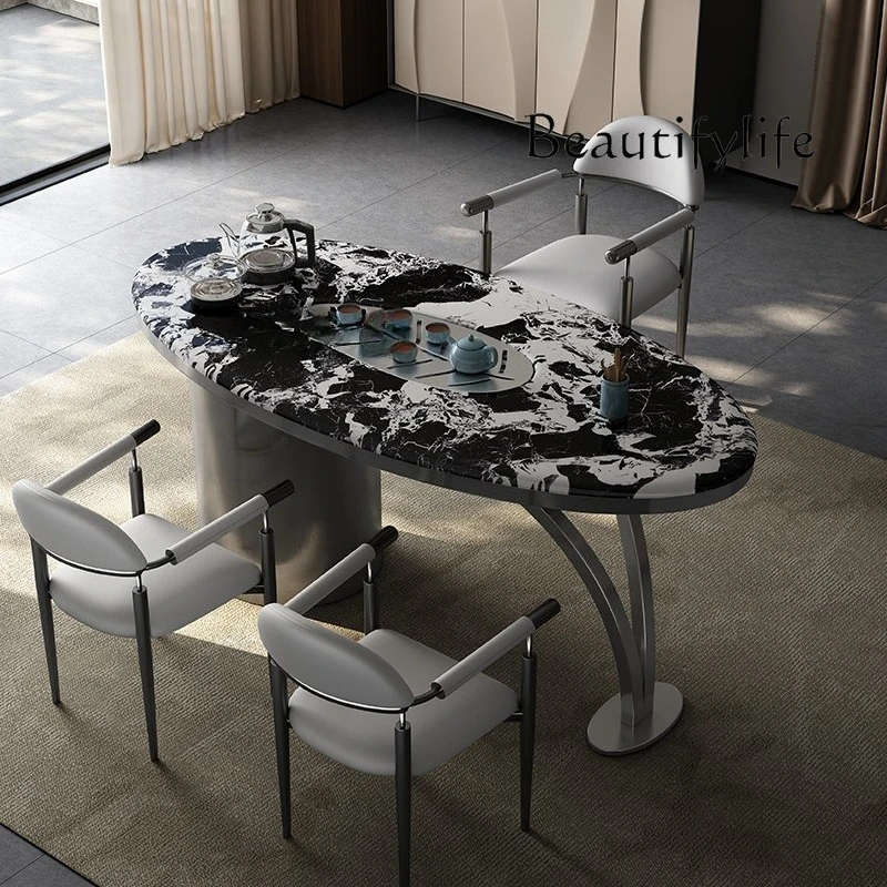 

Italian minimalist light luxury office workbench rock slab luxury stone tea table and chair combination high-end tea table