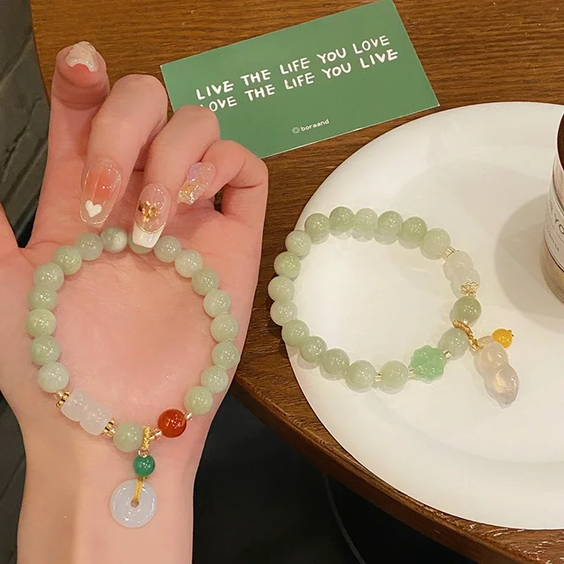 Anglang Vintage 8mm Light Green Jade Women Beaded Strand Bracelets with Peanut and Safety Buckle Pendent Fine Jewelry Gift YBR95