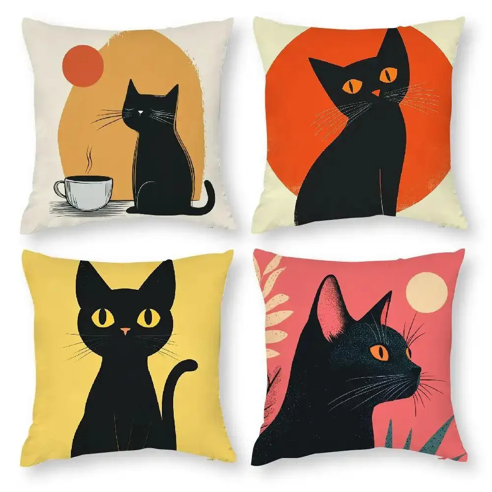 Mid Century Black Cat Throw Pillow Covers Retro Cat with Coffee Sun Print Cushion Cases, Cat Lover Decor for Bedroom Living Room