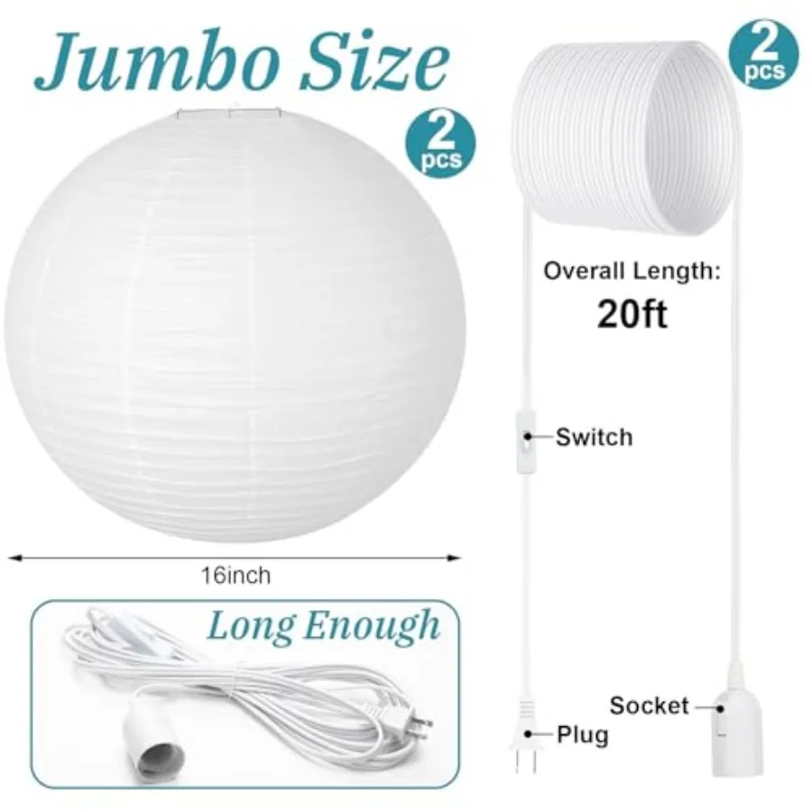 2 Sets Jumbo Paper Lanterns with Lamp Cord Cable White Hanging Paper Lanterns Chinese Japanese Pendant Hanging Lamp for Birthda