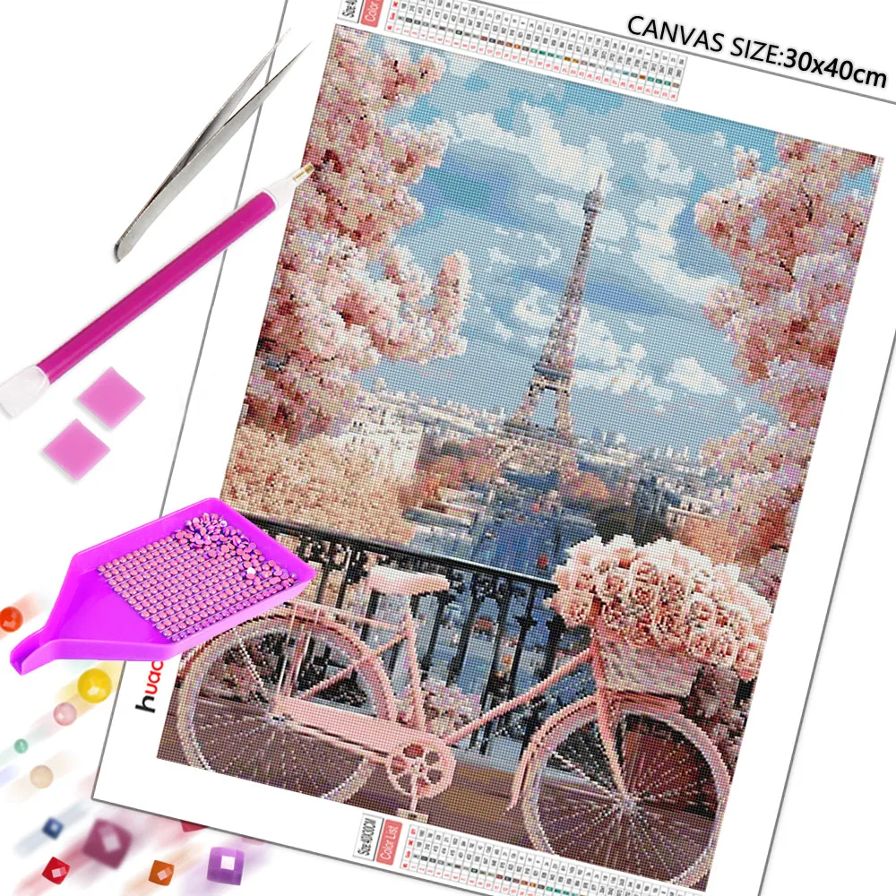 Huacan Diamond Painting Eiffel Tower Bicycle Rose Diamond Mosaic Landscape Complete Kit Craft Kit