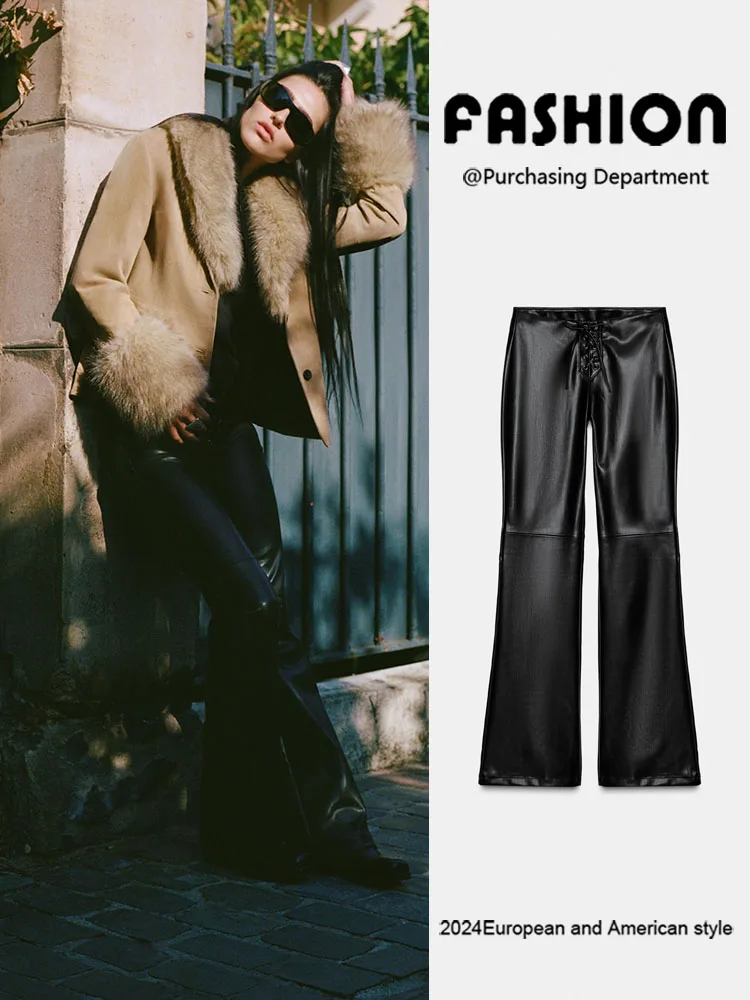 

Новинка весенней коллекции: женские утягивающие брюки-клеш с низкой талией из искусственной кожи с узлом, модные длинные брюки