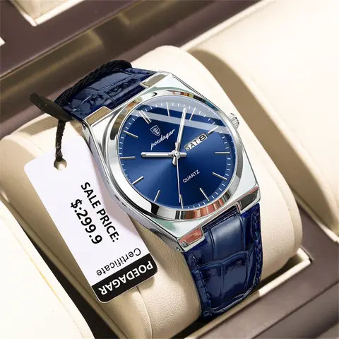 POEDAGAR Top Luxury Square Man Watch Date Waterproof Luminous Men Wristwatch High Quality Leather Men's Quartz Watches+Box Reloj