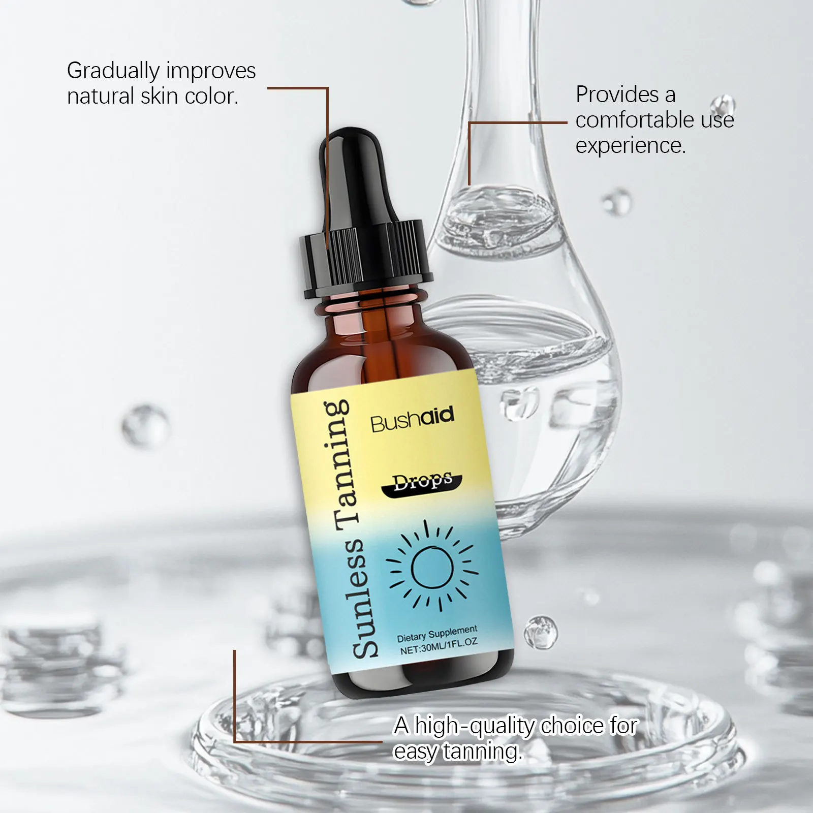60ml Drinkable Tanning Drops Sunless Oral Self Tanner, Natural Sun-Kissed Bronze Glow, Beta-Carotene Skin Tanning Drops