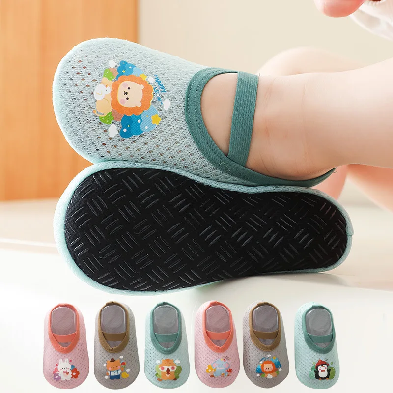 Kids Toddler Anti-Slip Floor Socks—Thin Mesh for Spring/Summer/Antumn. Breathable, non-slip dots prevent falls. Loose cuff.