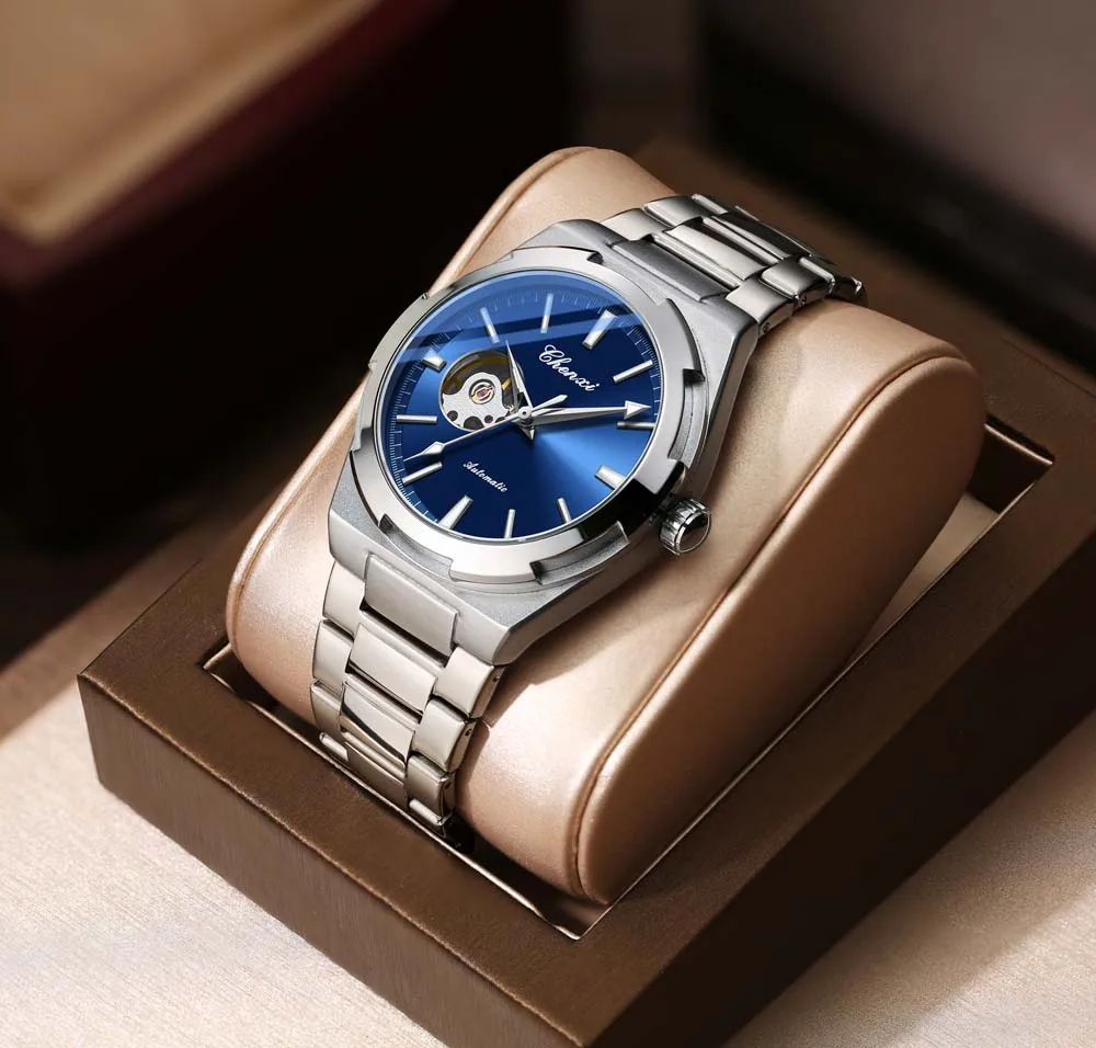 Oryginalne markowe zegarki mechaniczne CHENXI dla mężczyzn Moda Klasyczny pasek ze stali nierdzewnej Wodoodporny świecący automatyczny męski zegarek