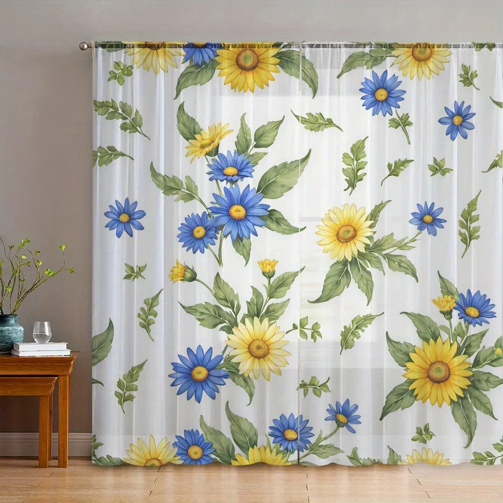 2PCS Digital Printing Sheer Curtain, Blue Yellow Daisies Sunflowers Pattern, Fresh Pastoral Spring Garden Country Style