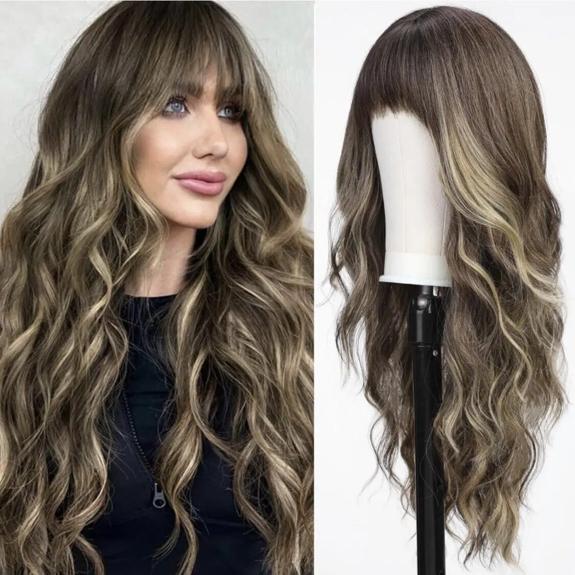 Long Wavy Lace Full With Bangs Ash Brown Blonde Highlight Heat Safe Women Wigs