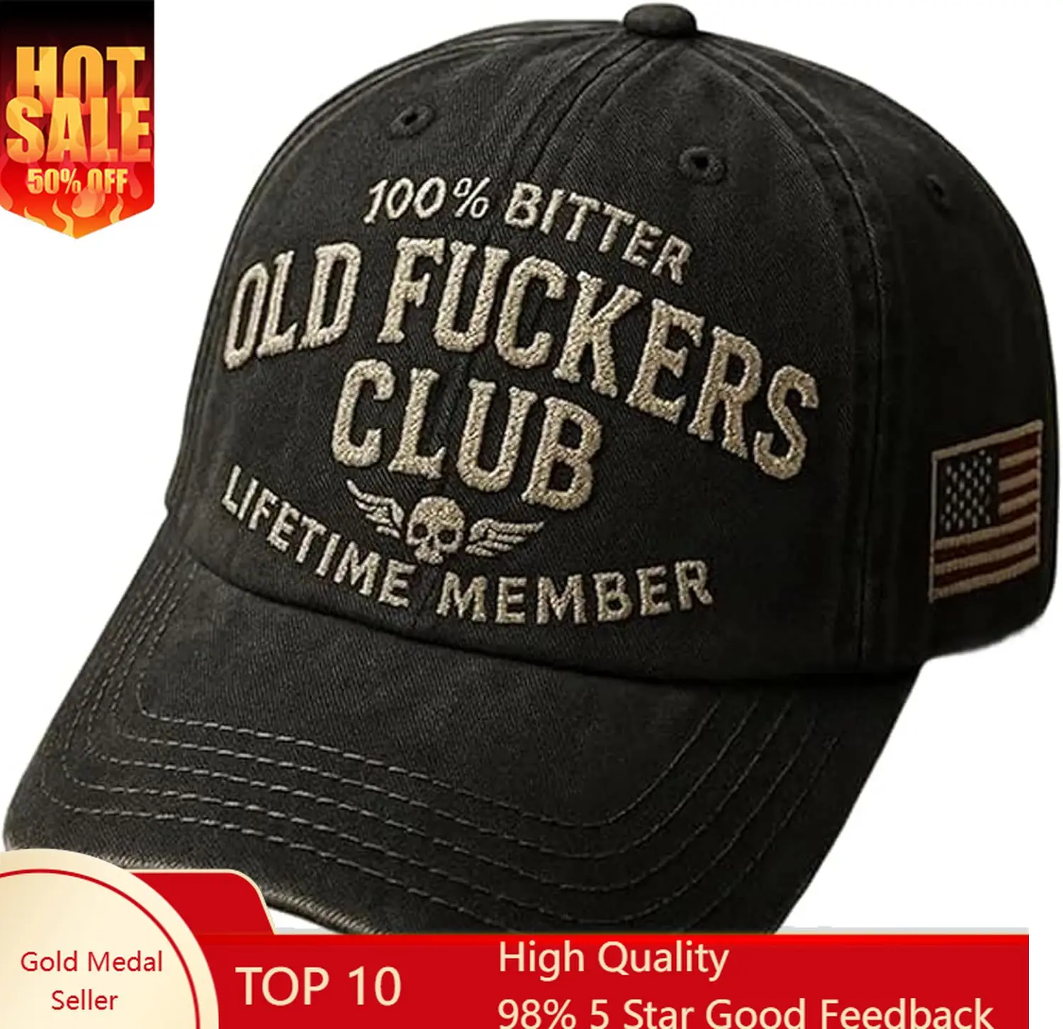 Old Fuckers Club-Vintage Baseball Cap,100% Bitter Lifetime Member, Adjustable Distressed Black Old Fuckers Hat