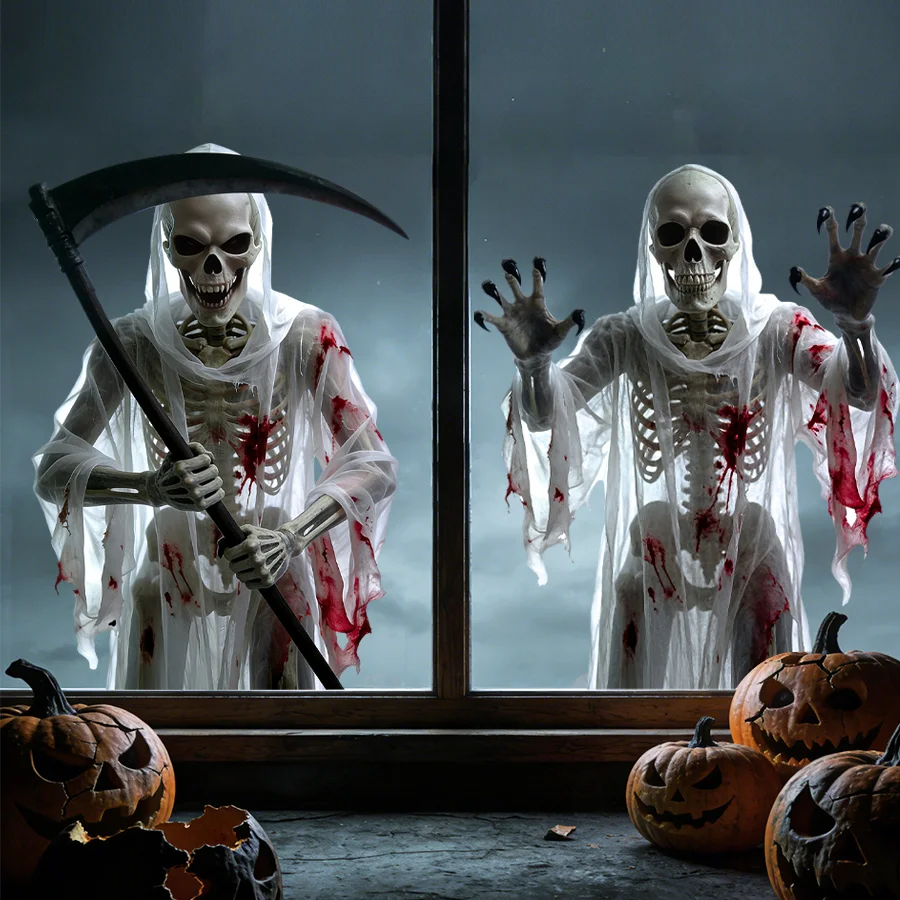 2 Pieces of 45× 60cm Horror Halloween Static Cling Window Stickers, Featuring Bloody Skulls, Grim Reapers, and Ghosts. Reusable Pvc Material, Adhesive-Free Removable Glass Stickers, Spooky Haunted House Halloween Windo