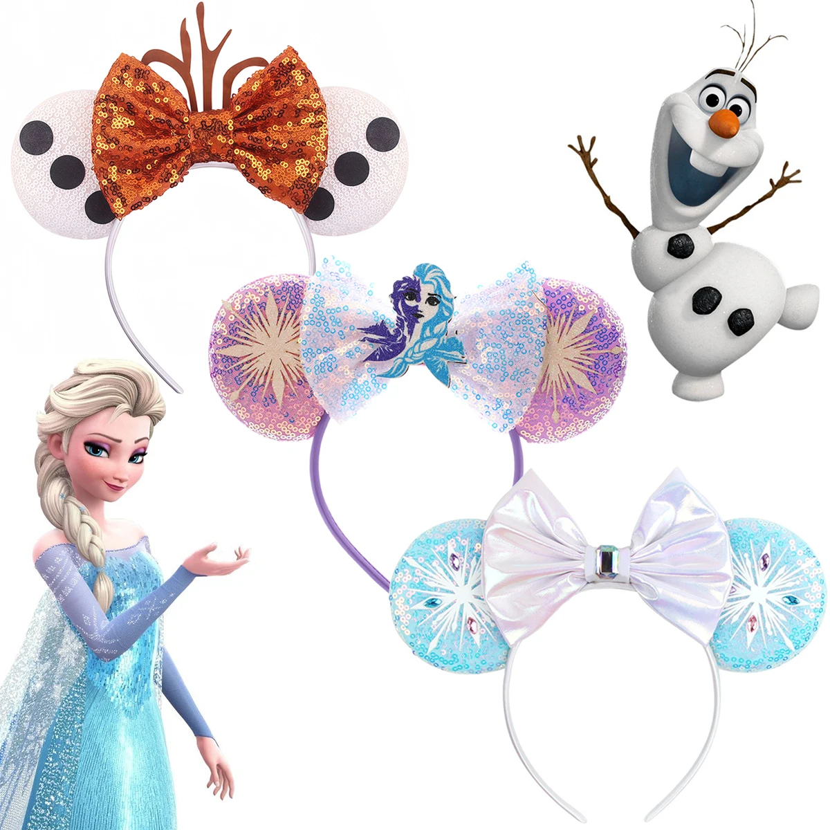 Frozen Elsa Olaf Sequin Bow Mouse Ears Headband Cartoon Birthday Party Halloween Cosplay Hair Accessories Gift