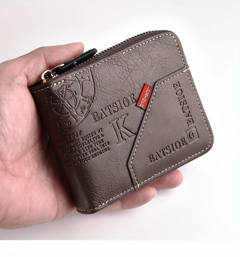 Herren-Geldbörse aus PU-Leder mit Wachsöl-Finish, Kurze Männer-Kartenhalterung mit Reißverschluss, Münzfach und Geldtasche – Detail 1