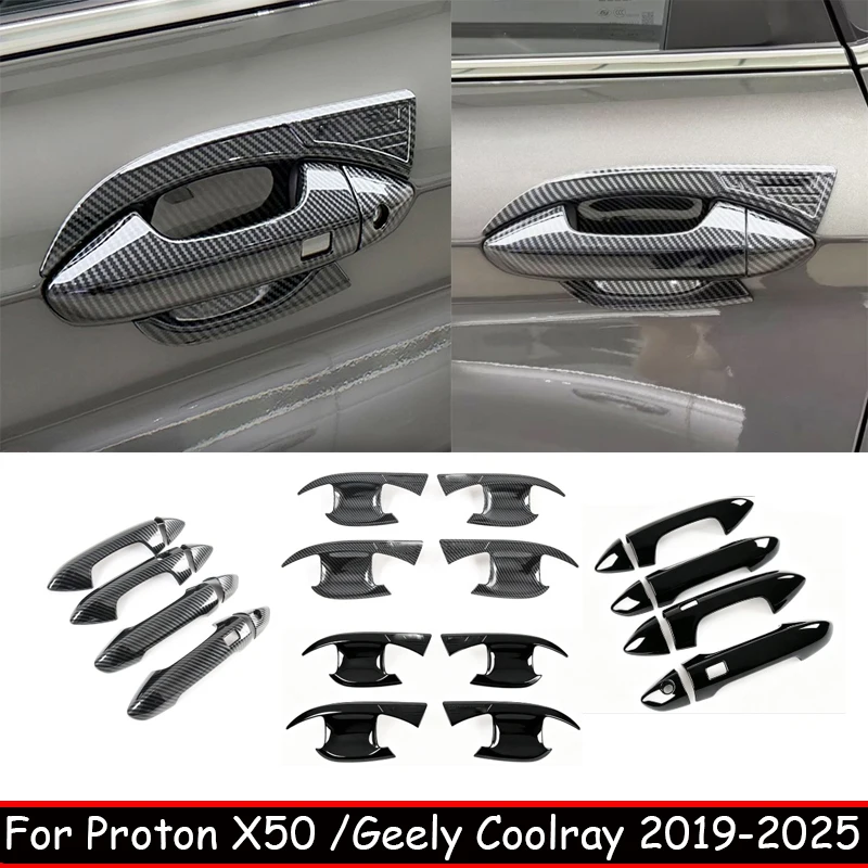 LHD RHD for Geely Coolray 2019-2025 ABS Chrome Carbon Fiber Black Look Car Door Handle Bowl Cover Anti Scratch Protective Trim
