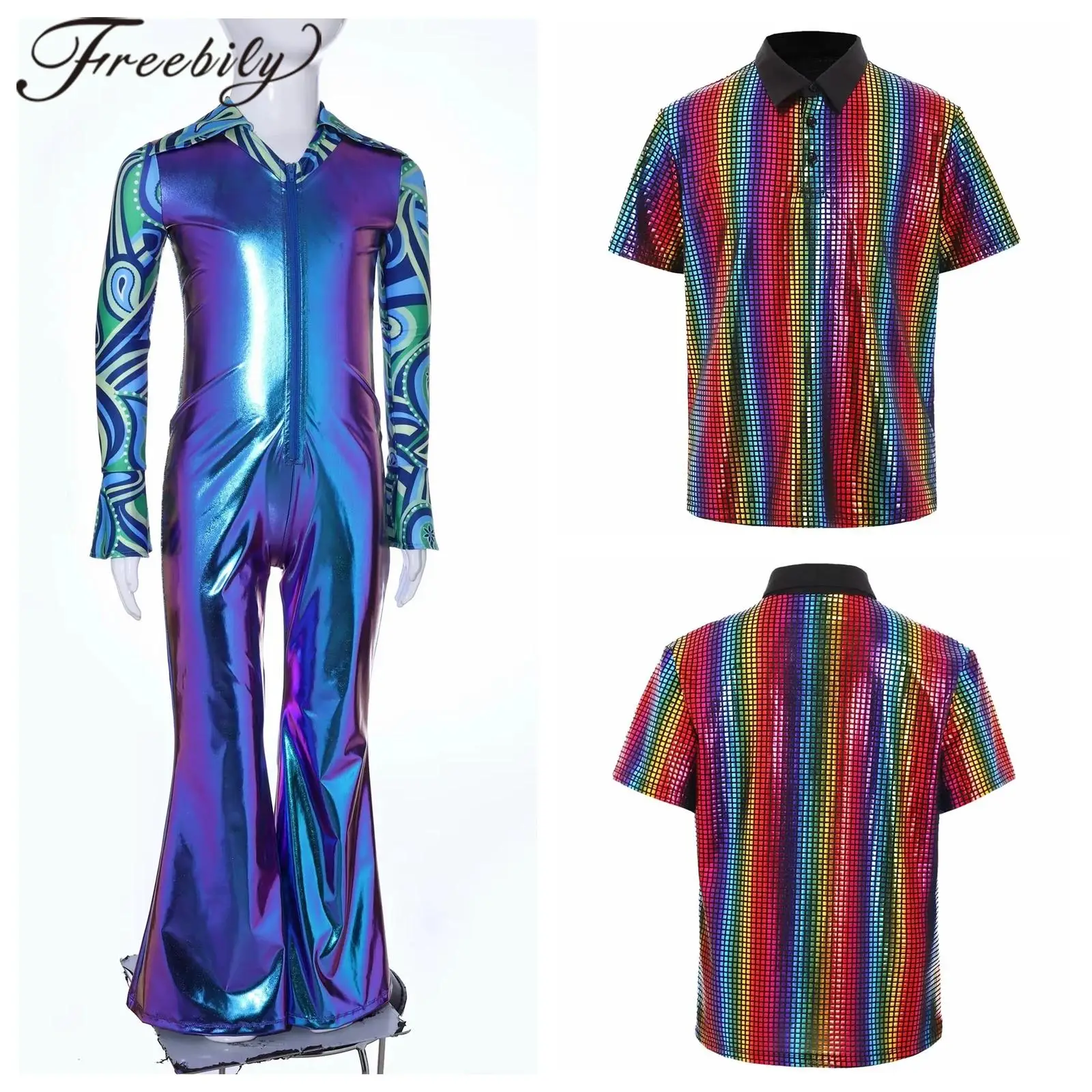 

Kids Boys Hippie Jumpsuit 70s Outfits Rave Disco Costume Bell-Bottom Pants Printed Flares Shiny Metallic Performance Costume